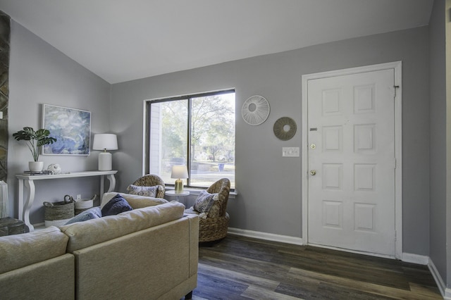 living room with dark wood-type flooring, radiator, and lofted ceiling