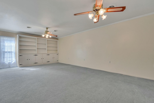 unfurnished living room with ceiling fan, light carpet, and ornamental molding