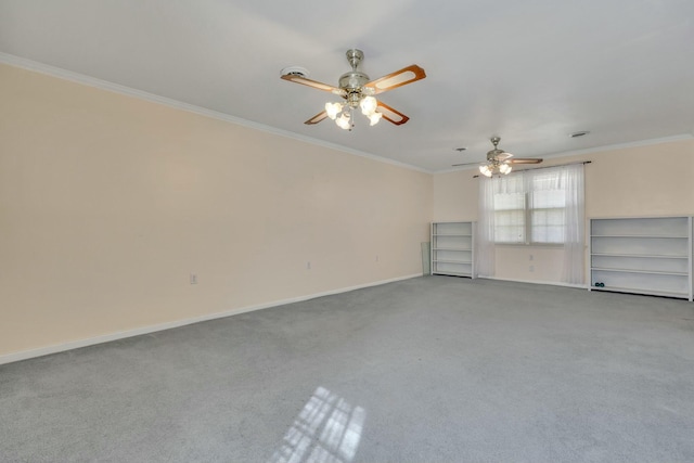 carpeted empty room featuring crown molding and ceiling fan