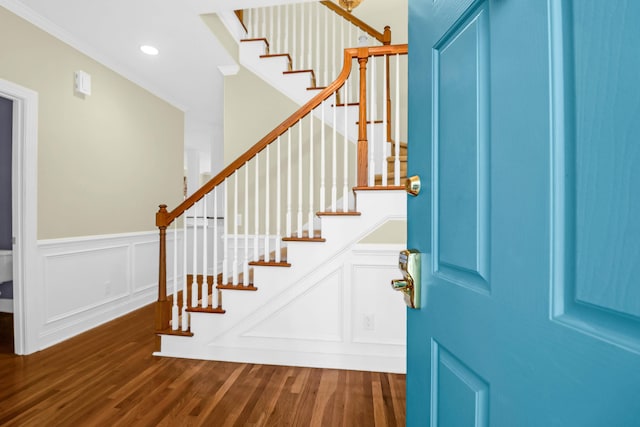 1025 Mathis Ferry Rd, Mount Pleasant, SC 29464 - foyer with a decorative wall, wood finished floors, stairway, wainscoting, and recessed lighting