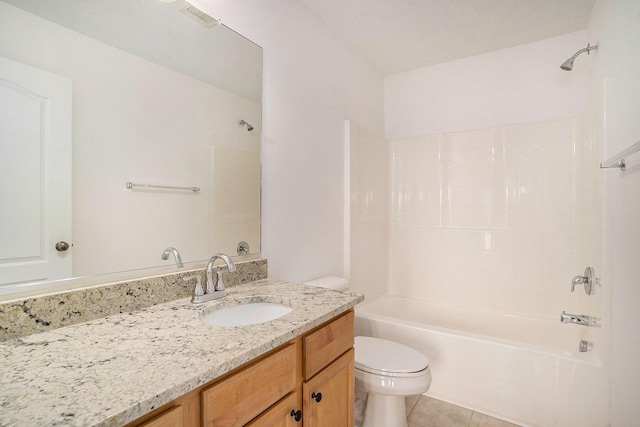 full bathroom featuring bathing tub / shower combination, toilet, vanity, and tile patterned flooring