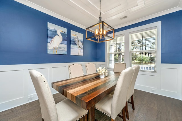 414 Hamlet Cir, Goose Creek, SC 29445 - dining room with a decorative wall, wainscoting, a chandelier, dark wood-type flooring, and ornamental molding
