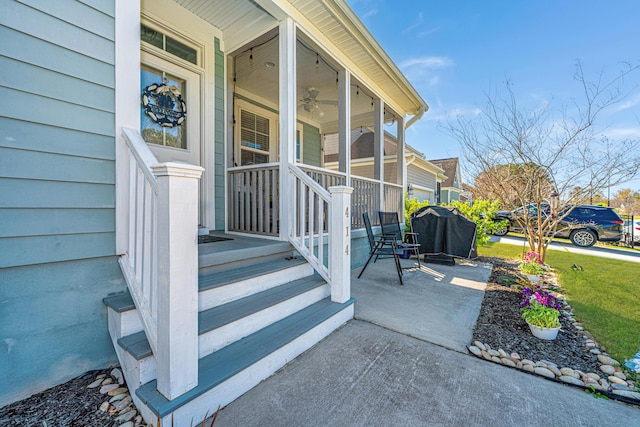 414 Hamlet Cir, Goose Creek, SC 29445 - doorway to property with covered porch, a yard, and ceiling fan