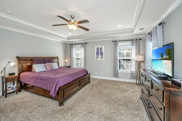 414 Hamlet Cir, Goose Creek, SC 29445 - bedroom with a raised ceiling, multiple windows, light colored carpet, baseboards, and crown molding