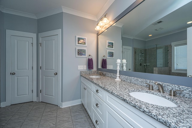 414 Hamlet Cir, Goose Creek, SC 29445 - full bath featuring double vanity, a stall shower, crown molding, and baseboards