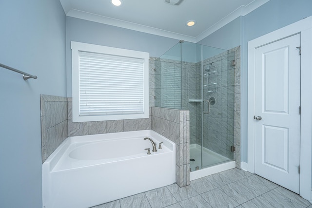 414 Hamlet Cir, Goose Creek, SC 29445 - full bathroom with a bath, a stall shower, recessed lighting, and ornamental molding