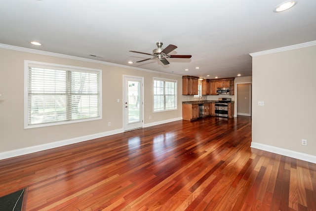 unfurnished living room featuring a ceiling fan, baseboards, dark wood-style floors, and ornamental molding