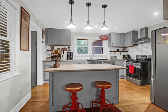 kitchen featuring wall chimney range hood, a center island, decorative backsplash, sink, and stainless steel appliances