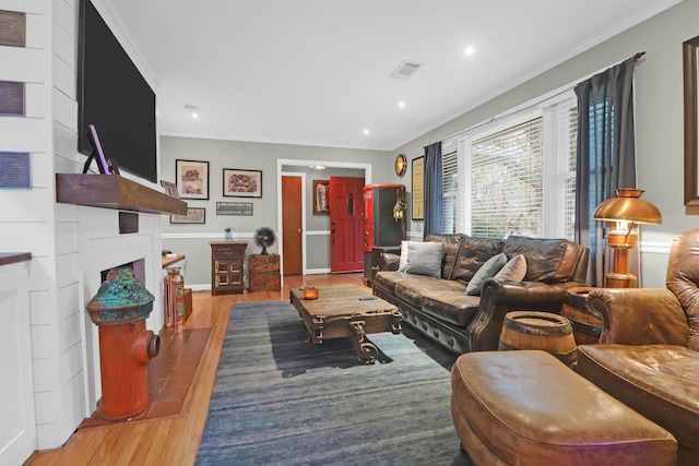 living room featuring a fireplace and hardwood / wood-style floors