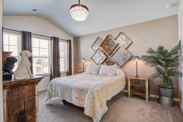 bedroom featuring lofted ceiling, baseboards, visible vents, and light carpet