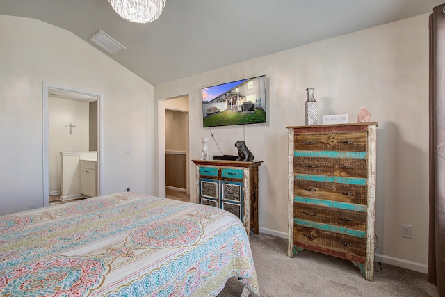 carpeted bedroom featuring visible vents, an inviting chandelier, baseboards, and lofted ceiling