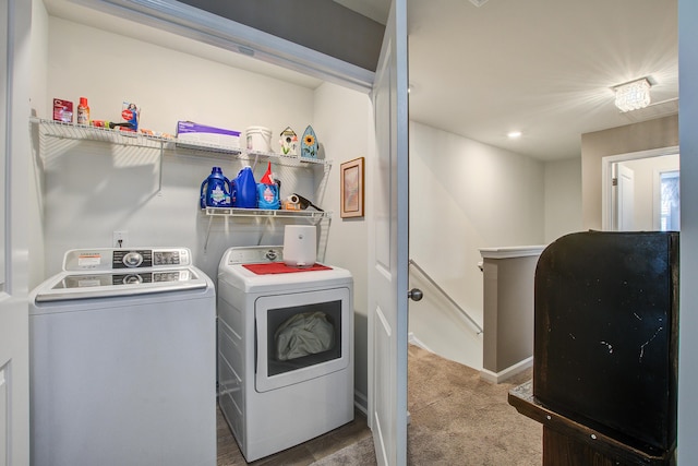 laundry room featuring carpet, baseboards, laundry area, recessed lighting, and washer and clothes dryer