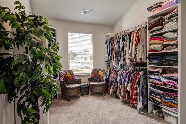 spacious closet featuring visible vents, carpet flooring, and vaulted ceiling