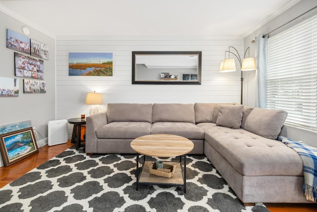 507 Stinson Dr Unit B3, Charleston, SC 29407 - living room featuring plenty of natural light, wood finished floors, crown molding, and wooden walls