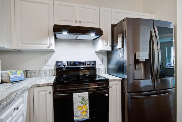4818 Buttercup Way, Summerville, SC 29485 - kitchen with stainless steel refrigerator with ice dispenser, black range with electric cooktop, under cabinet range hood, and white cabinetry