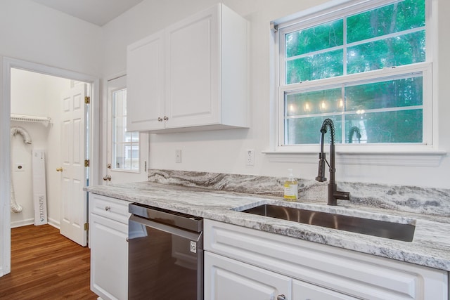 4818 Buttercup Way, Summerville, SC 29485 - kitchen with a sink, stainless steel dishwasher, dark wood-type flooring, white cabinets, and light stone countertops