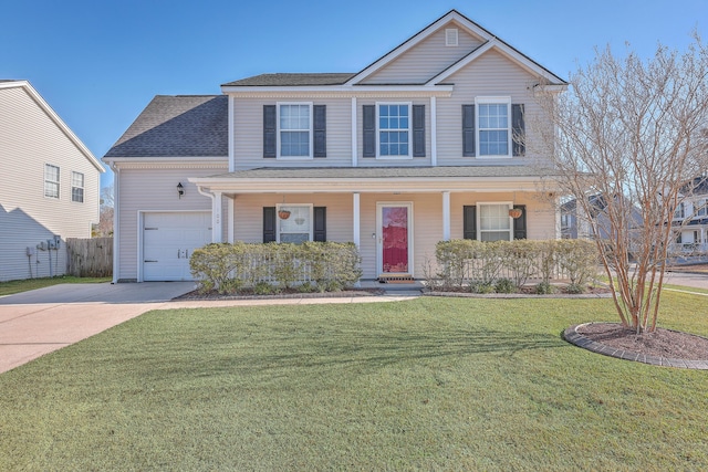 view of front of property with concrete driveway, roof with shingles, fence, a front lawn, and a porch