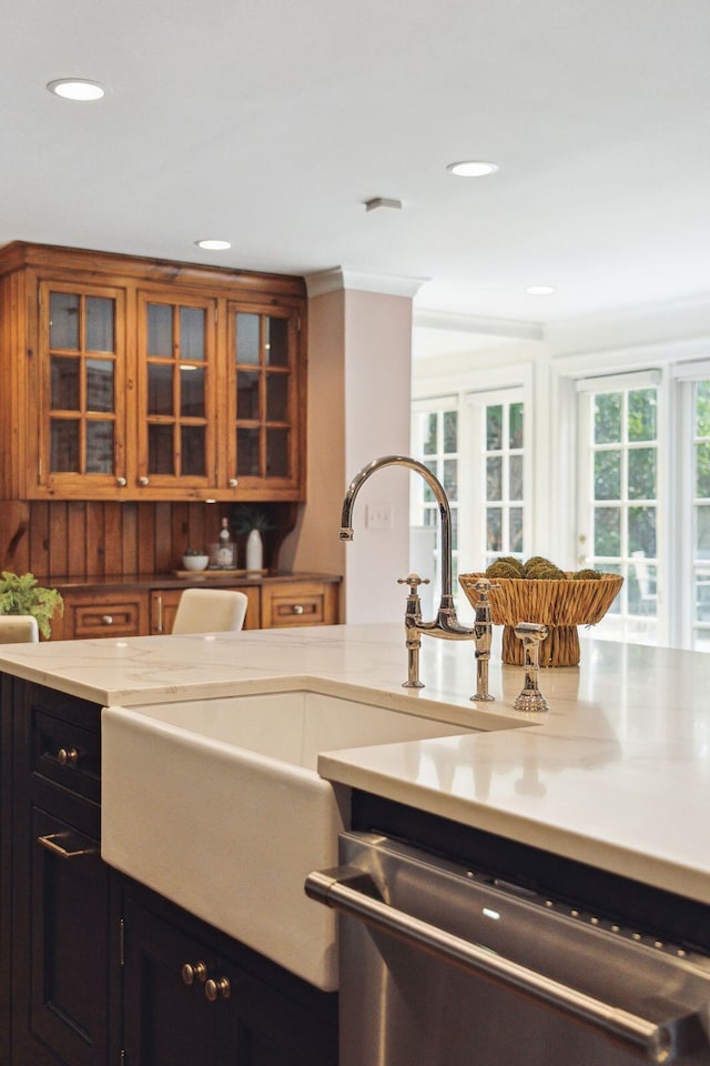 2 Bedons Aly, Charleston, SC 29401 - kitchen with stainless steel dishwasher, glass insert cabinets, recessed lighting, dark cabinetry, and brown cabinets