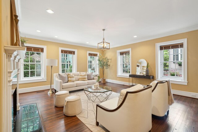 2 Bedons Aly, Charleston, SC 29401 - living area featuring plenty of natural light, ornamental molding, dark wood-style floors, recessed lighting, and a chandelier