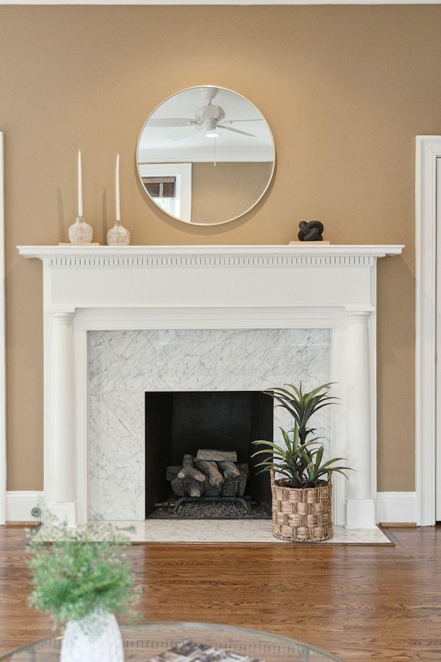 2 Bedons Aly, Charleston, SC 29401 - detailed view of a premium fireplace, ceiling fan, and wood finished floors