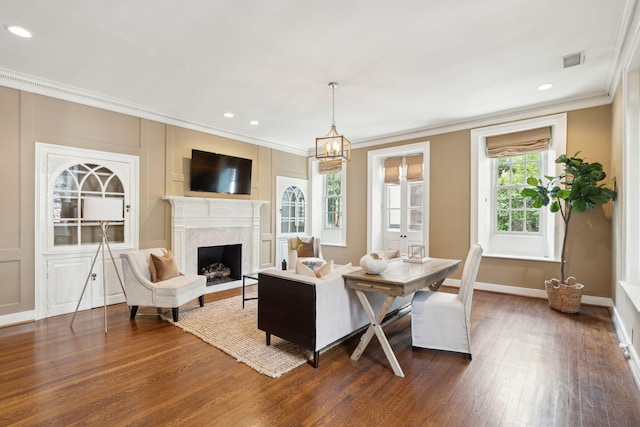 2 Bedons Aly, Charleston, SC 29401 - living area with ornamental molding, dark wood finished floors, a high end fireplace, recessed lighting, and a chandelier