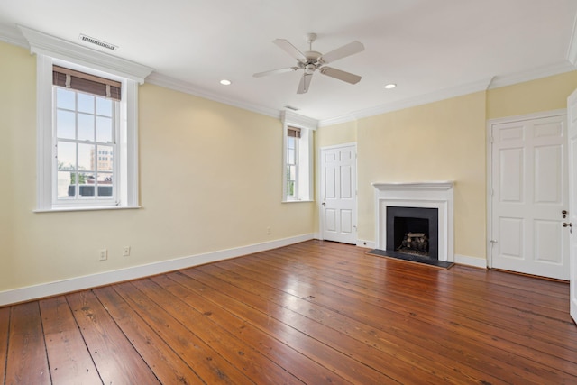 2 Bedons Aly, Charleston, SC 29401 - unfurnished living room featuring plenty of natural light, wood-type flooring, ceiling fan, ornamental molding, and a fireplace