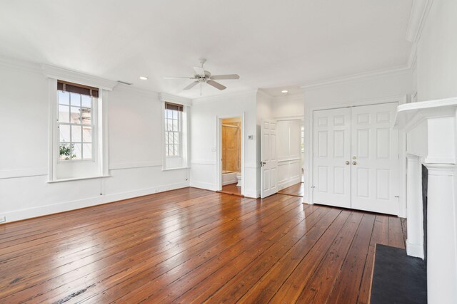 2 Bedons Aly, Charleston, SC 29401 - unfurnished bedroom with hardwood / wood-style flooring, recessed lighting, crown molding, ceiling fan, and ensuite bath