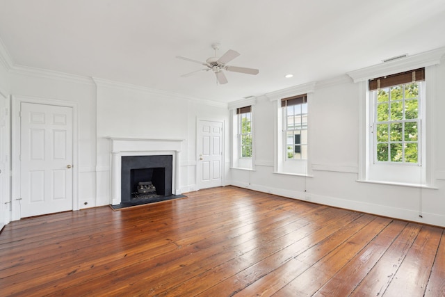 2 Bedons Aly, Charleston, SC 29401 - unfurnished living room with a ceiling fan, crown molding, hardwood / wood-style floors, a fireplace, and recessed lighting