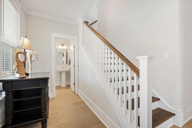 113 Grimball St, Summerville, SC 29486 - stairway featuring wood finished floors, baseboards, and ornamental molding