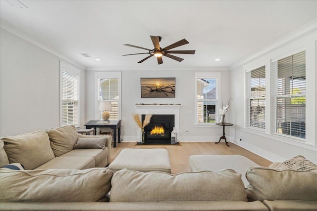 113 Grimball St, Summerville, SC 29486 - living area with a ceiling fan, ornamental molding, a fireplace with flush hearth, light wood finished floors, and baseboards