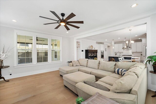 113 Grimball St, Summerville, SC 29486 - living room with ceiling fan, recessed lighting, light wood-style floors, ornamental molding, and baseboards