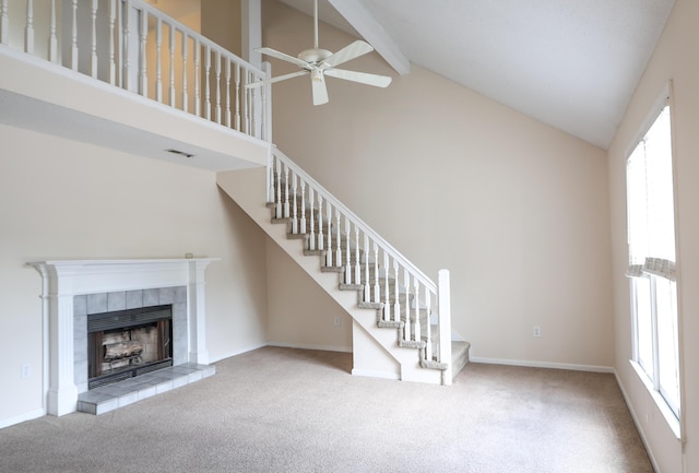 403 Sunny Side Way, Summerville, SC 29485 - unfurnished living room with high vaulted ceiling, healthy amount of natural light, a fireplace, carpet flooring, and beamed ceiling
