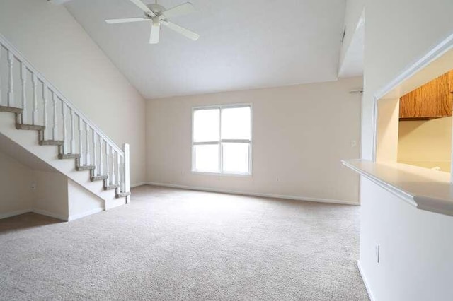 403 Sunny Side Way, Summerville, SC 29485 - unfurnished living room featuring carpet flooring, a ceiling fan, stairway, high vaulted ceiling, and baseboards