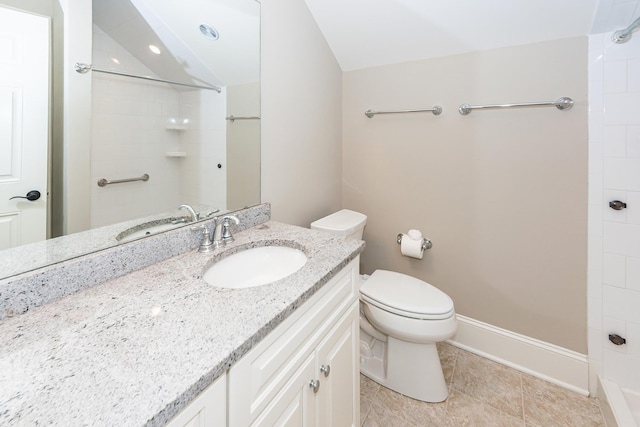 287 Commonwealth Rd, Mount Pleasant, SC 29466 - bathroom with walk in shower, tile patterned flooring, vanity, toilet, and lofted ceiling