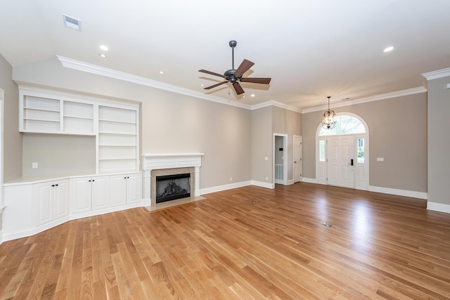 287 Commonwealth Rd, Mount Pleasant, SC 29466 - unfurnished living room featuring a fireplace, light wood-style flooring, ceiling fan with notable chandelier, recessed lighting, and visible vents