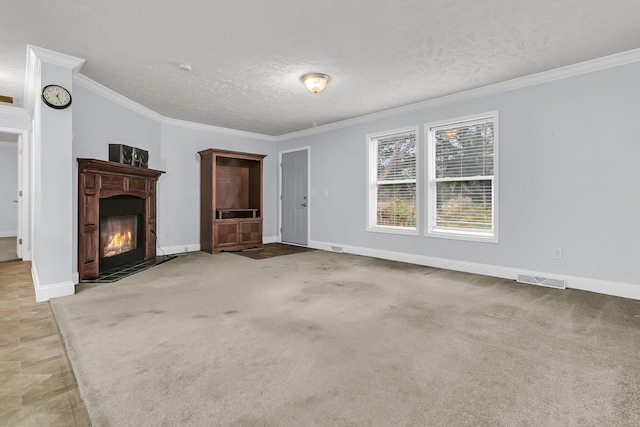 unfurnished living room with a textured ceiling, light colored carpet, and crown molding