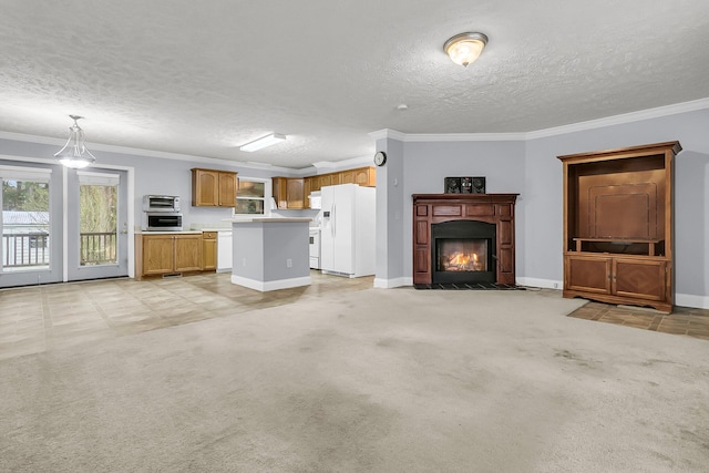 unfurnished living room with light colored carpet, ornamental molding, and a textured ceiling