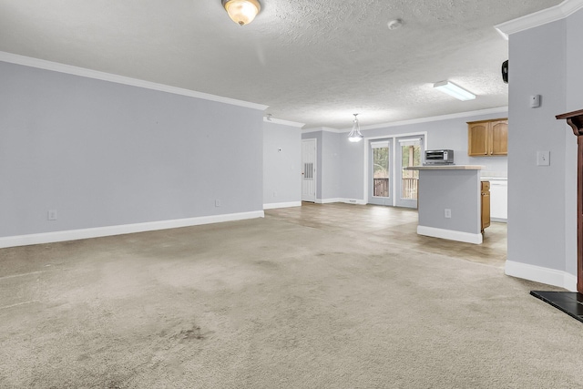 unfurnished living room featuring crown molding, french doors, light colored carpet, and a textured ceiling