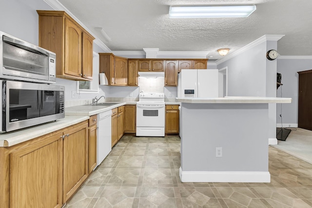 kitchen featuring a textured ceiling, white appliances, ornamental molding, and sink