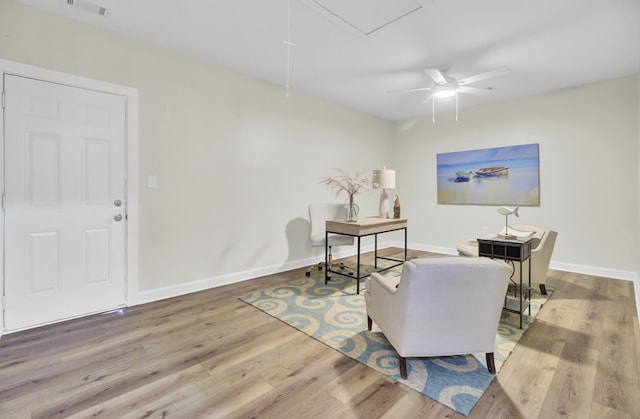 1515 Mulberry St, Charleston, SC 29407 - living area with attic access, wood finished floors, a ceiling fan, and baseboards