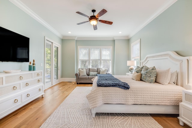 bedroom with recessed lighting, ornamental molding, light wood-type flooring, and access to outside