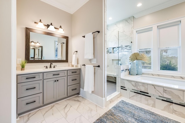 full bath with marble finish floor, ornamental molding, a tile shower, a bath, and vanity