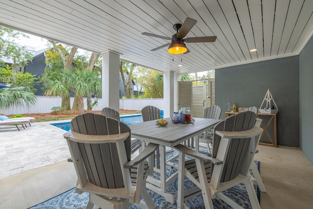 view of patio with outdoor dining area, a fenced backyard, a fenced in pool, and ceiling fan