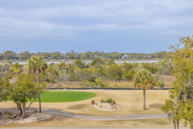 view of property's community with a lawn and a water view