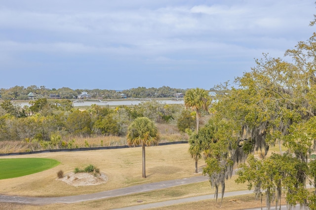 surrounding community with a yard and a water view