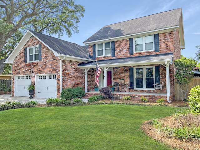 traditional-style house featuring a porch, a front lawn, driveway, and roof with shingles