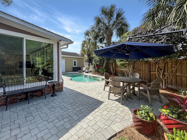 view of swimming pool featuring a patio, outdoor dining space, a fenced in pool, and a fenced backyard