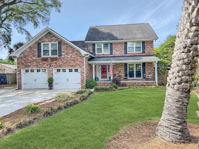 traditional-style home with a front lawn, driveway, brick siding, and fence