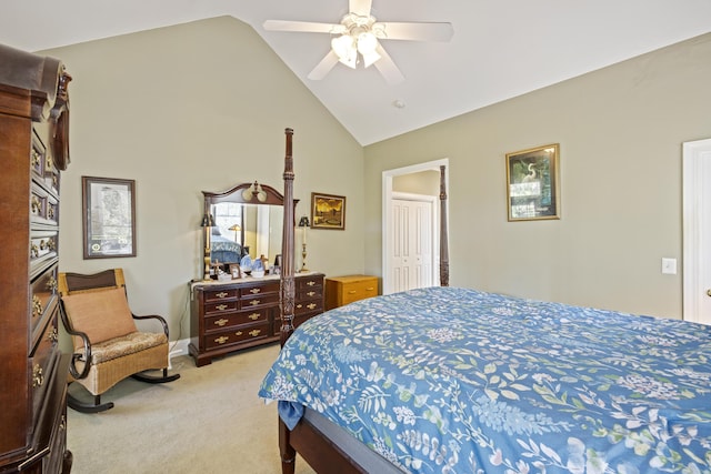 carpeted bedroom featuring high vaulted ceiling and ceiling fan