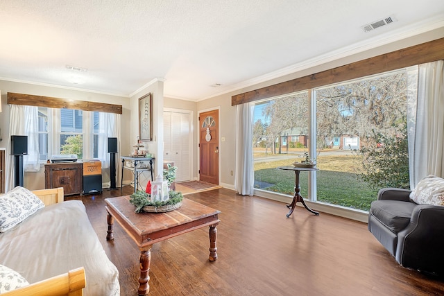 living room featuring a textured ceiling, dark hardwood / wood-style floors, and crown molding